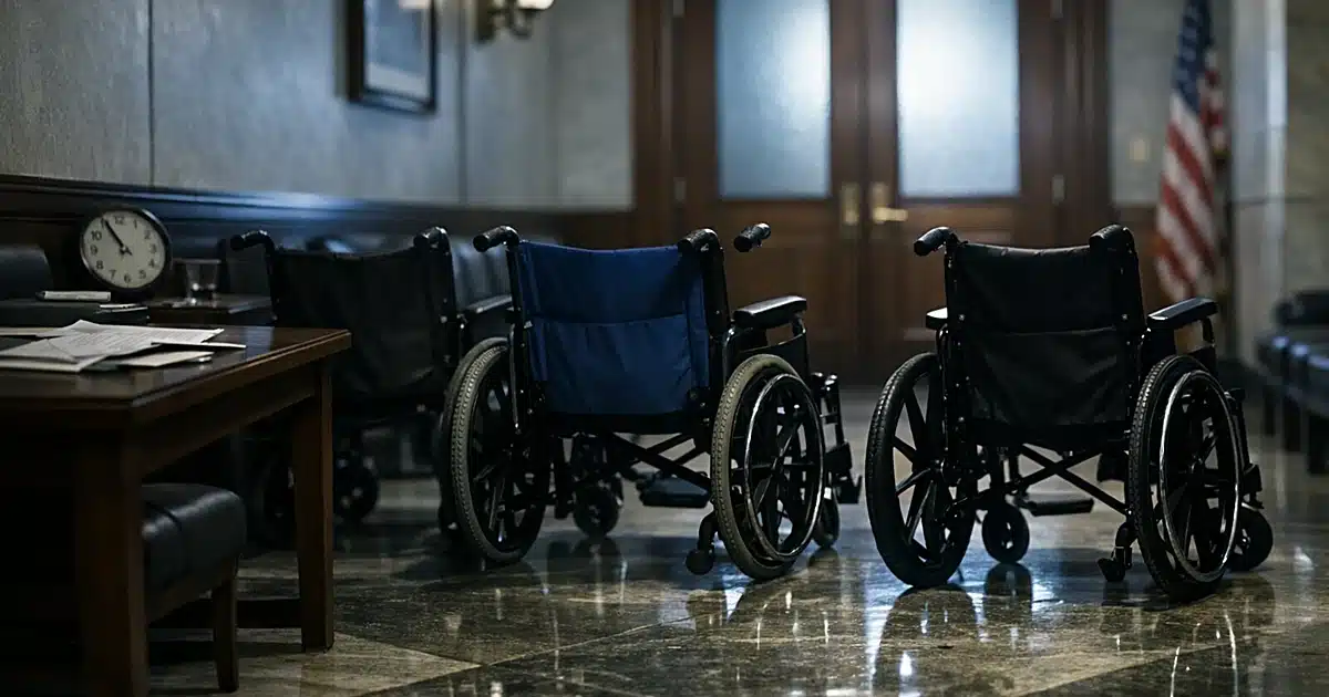 Empty wheelchairs in Senate office waiting area facing closed door with documents on table