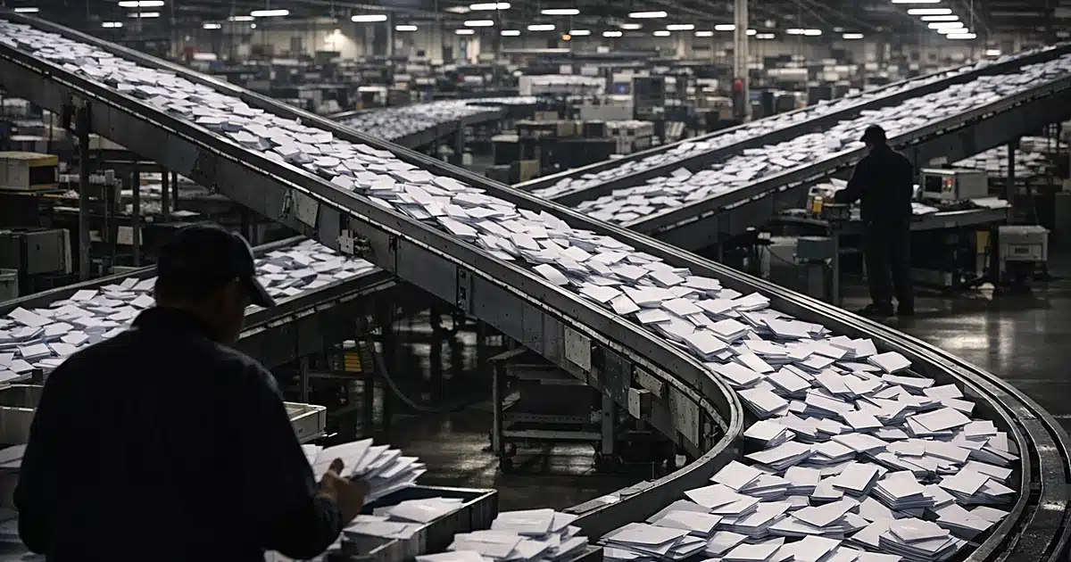 Industrial mail processing facility with conveyor belts carrying political fundraising envelopes in opposing directions
