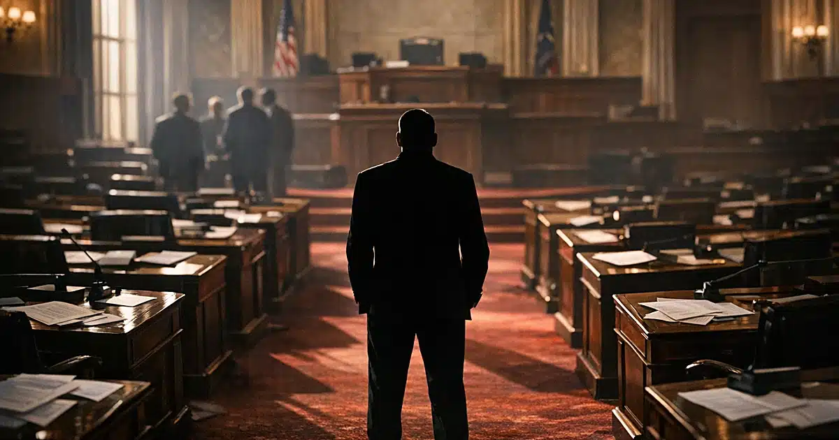 Silhouetted figure stands alone in center aisle of empty legislative chamber with scattered papers on desks