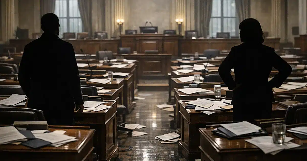 Empty legislative chamber with scattered papers and two silhouetted figures standing in opposite aisles
