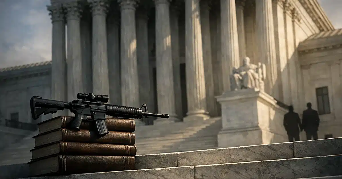Supreme Court columns with stacked law books and rifle silhouette on steps below