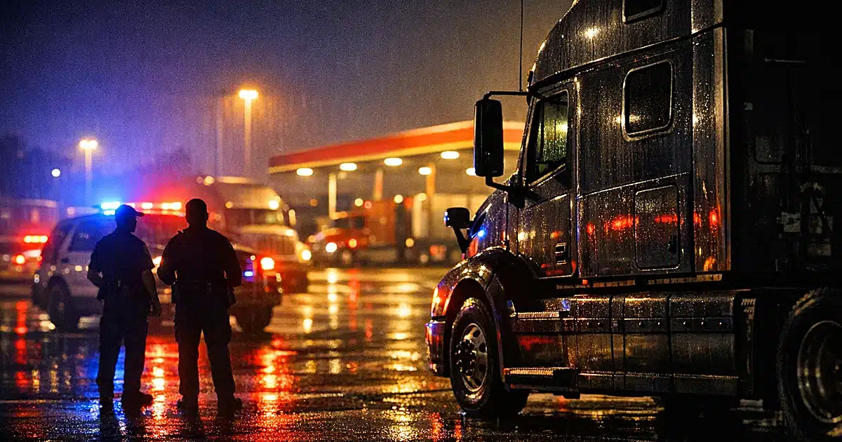 Semi-truck sleeper cab at truck stop with police emergency lights reflecting on wet pavement at dusk
