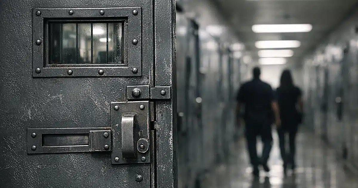 Heavy steel jail cell door in county detention facility corridor with harsh fluorescent lighting