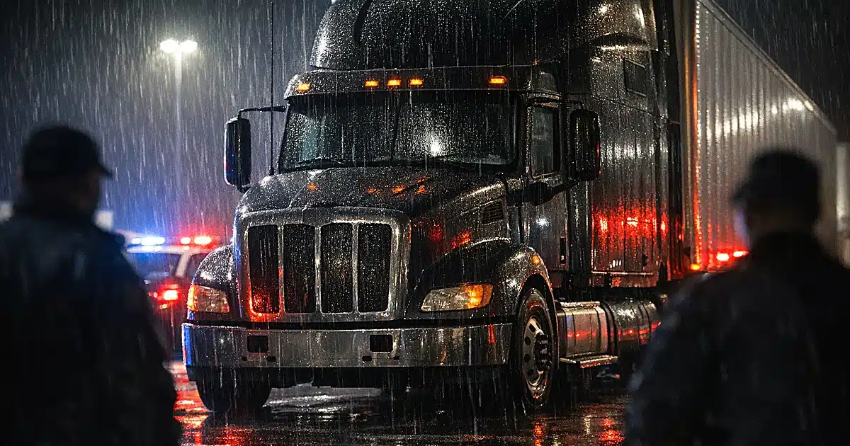 Tractor-trailer cab under emergency lights at night in truck depot with rain-streaked windows