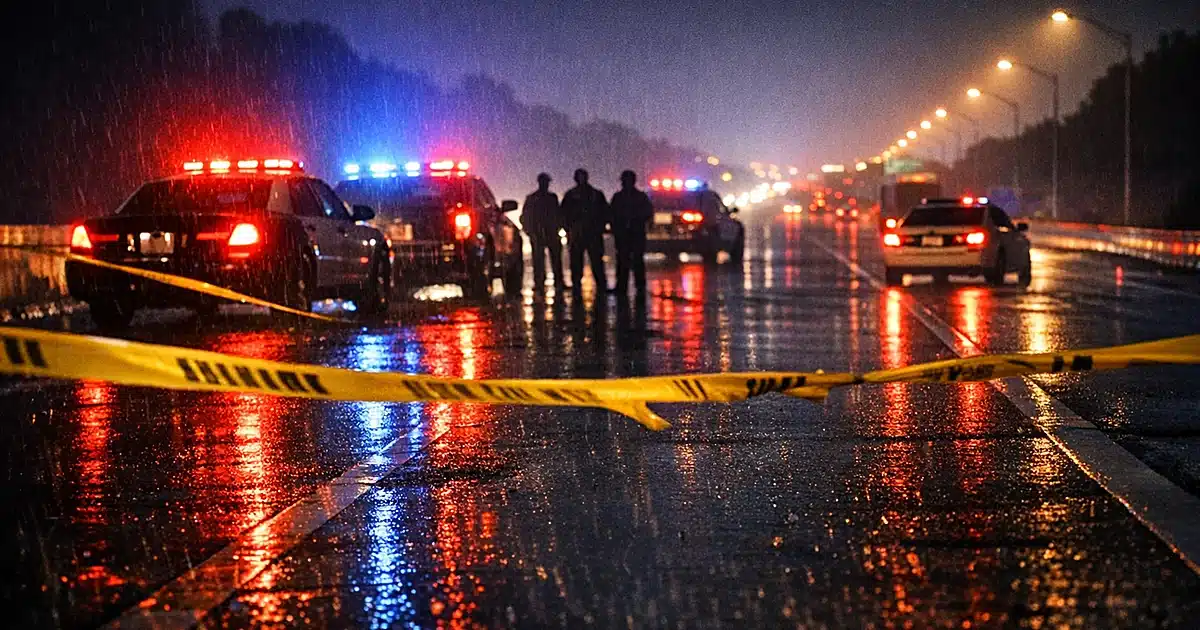 Emergency vehicles with flashing lights on dark Interstate 95 at night with crime scene tape across lanes