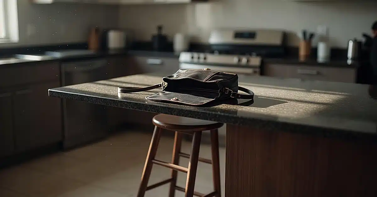 Open handbag on kitchen counter with wooden stool nearby in residential setting