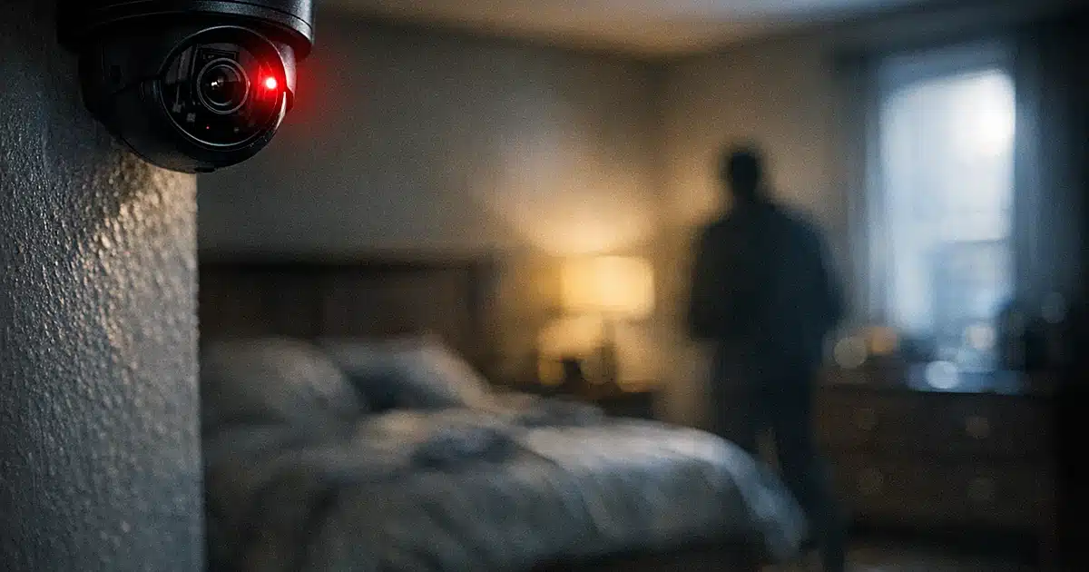 Home security camera with red recording light mounted in dark bedroom corner