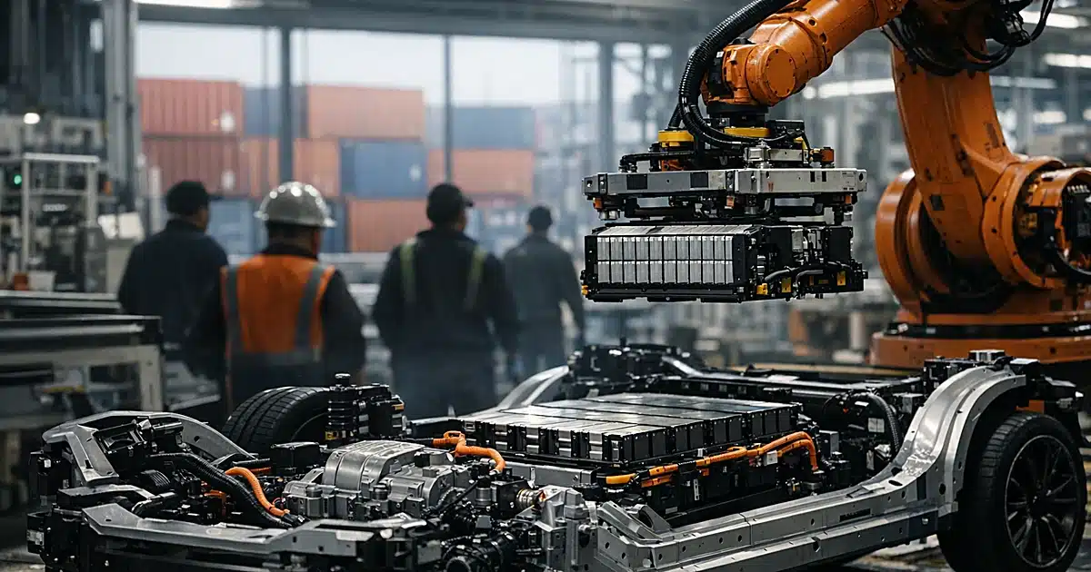 Automotive factory floor with robotic battery assembly line and silhouetted workers amid international shipping operations