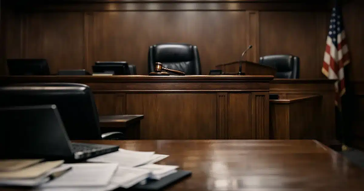 Empty courtroom with judge's bench and witness stand during murder trial recess