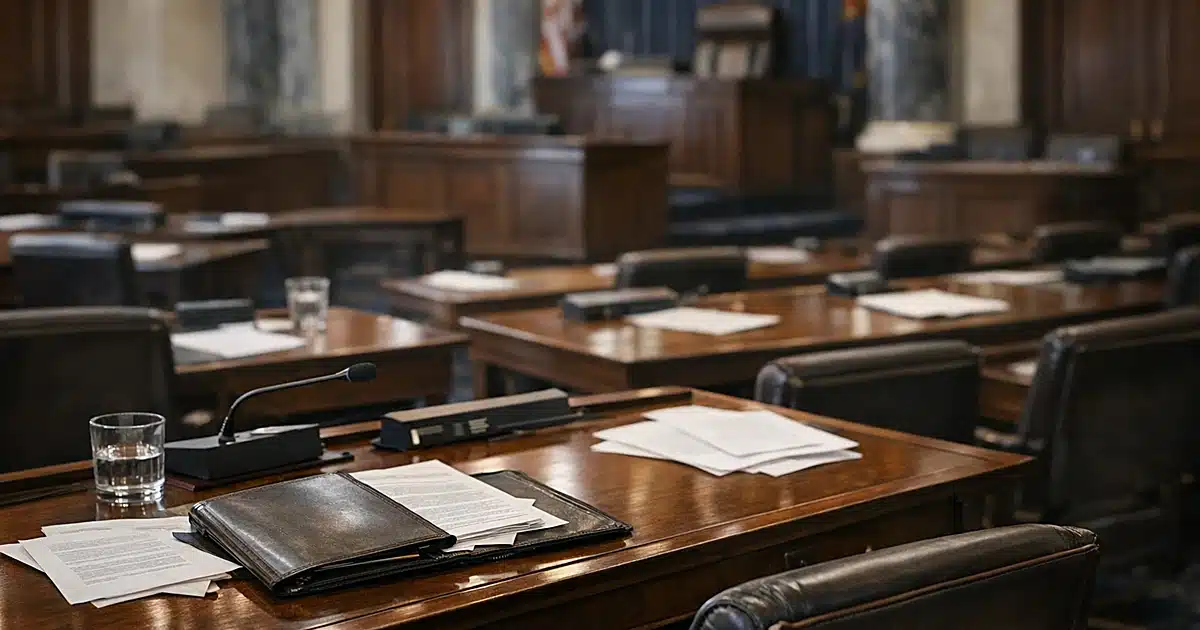 Empty Senate chamber with wooden desks and scattered papers in natural window light