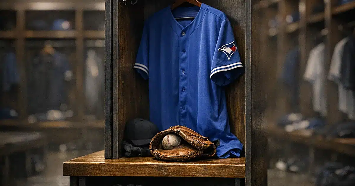 Empty baseball locker room with open locker containing Blue Jays jersey and worn glove on bench