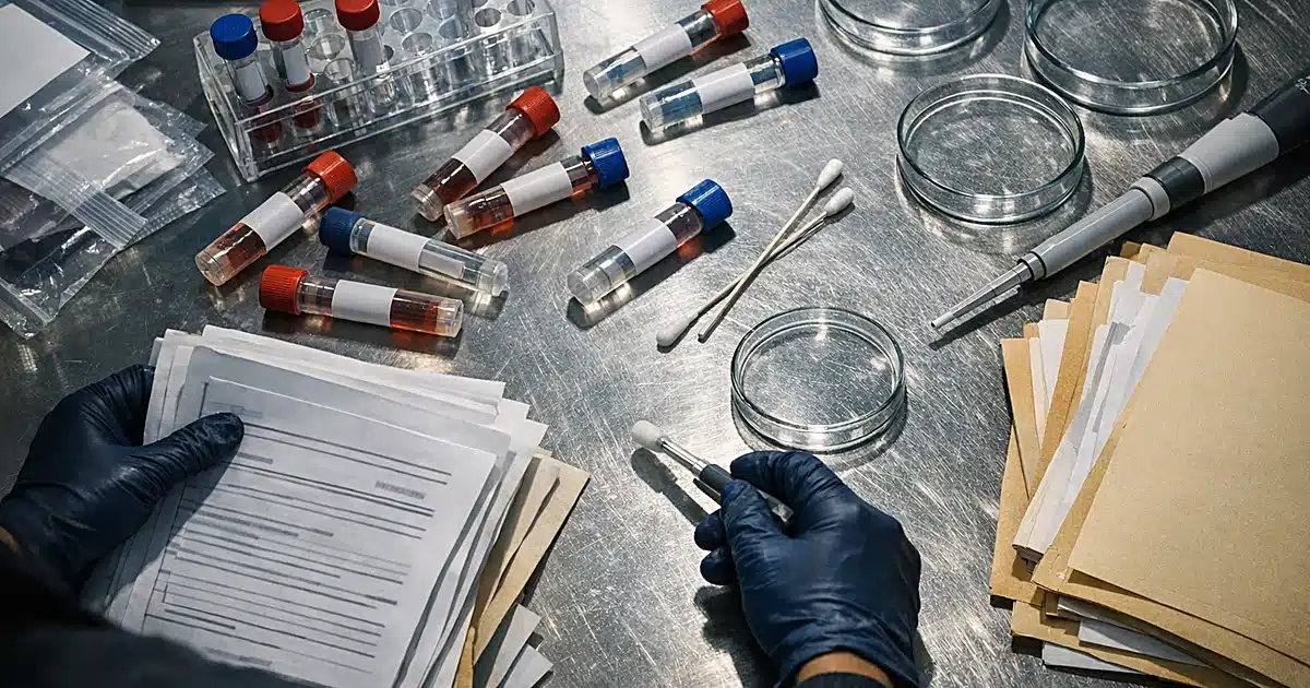 Forensic laboratory table with DNA sample vials and case files under fluorescent lighting with gloved hands visible