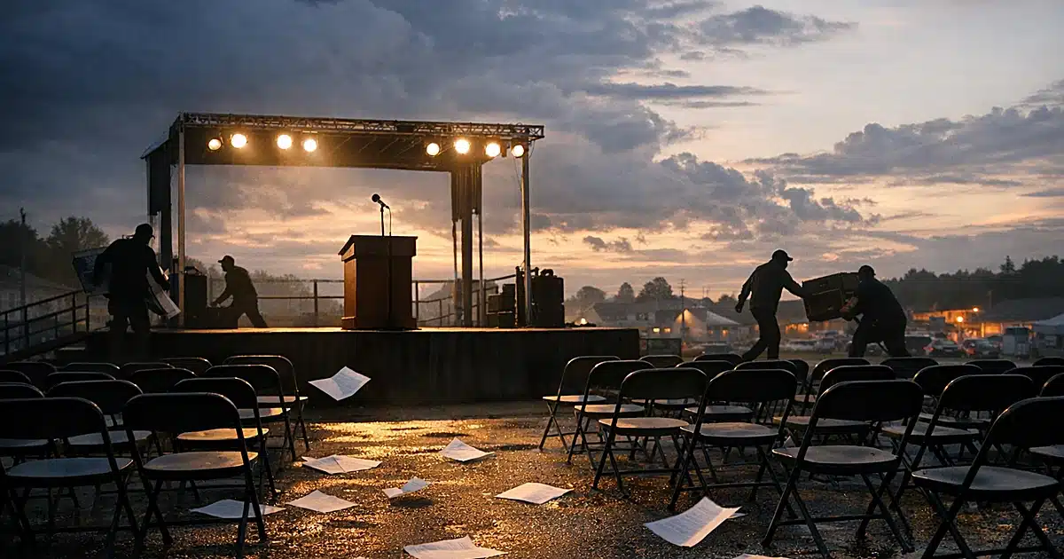 Empty outdoor rally stage at dusk with scattered chairs and silhouettes removing equipment in small town Maine setting