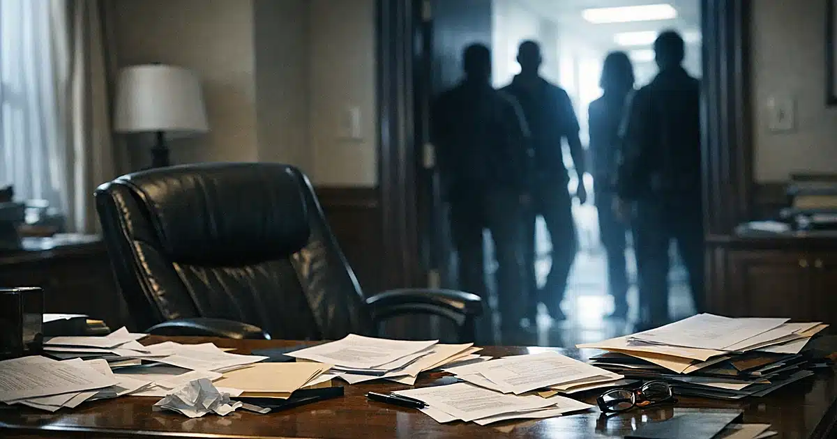 Empty Senate office with scattered papers on desk and silhouetted figures standing in doorway