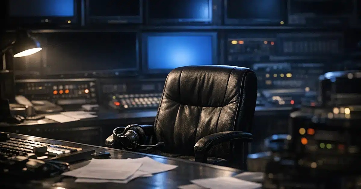 Empty producer's chair in darkened broadcast control room with monitors and technical equipment