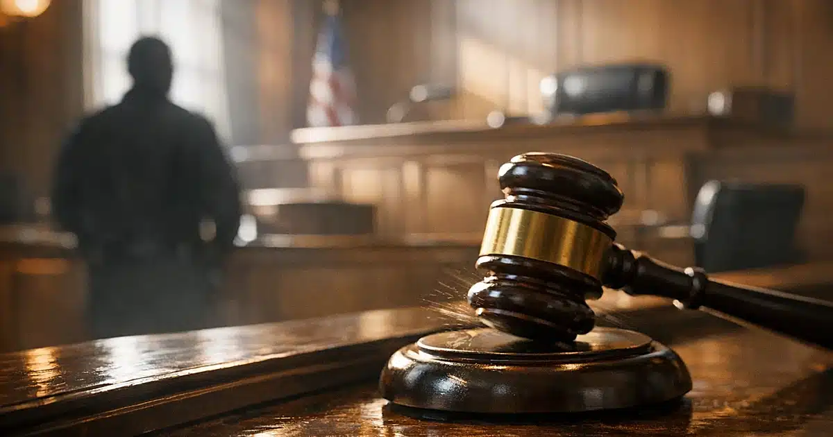 Empty courtroom with judge's bench and gavel in dramatic window lighting