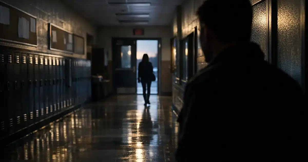 Empty high school hallway at dusk with silhouetted figures at opposite ends and classroom doors along the walls