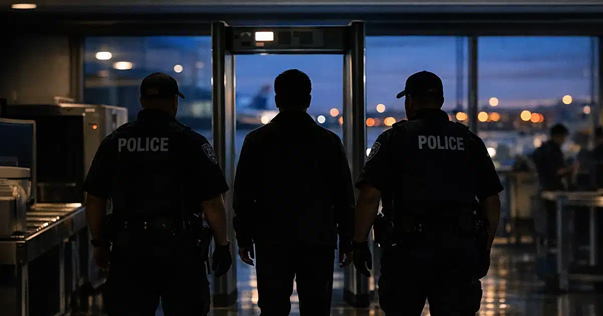 Silhouetted figures at airport security checkpoint with federal agents during immigration enforcement action