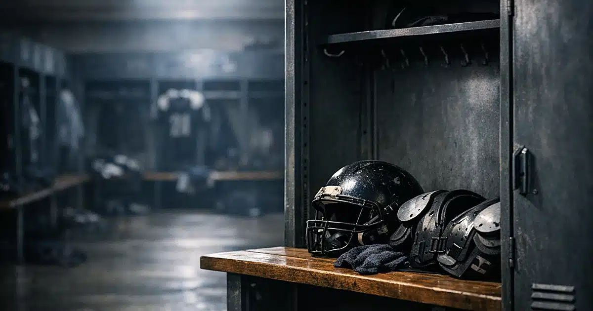 Empty football locker room with abandoned helmet and gear on bench in dramatic lighting