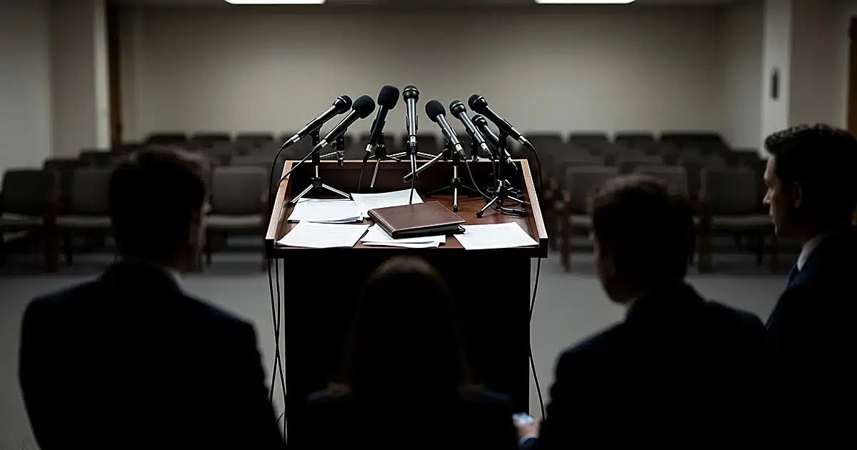 Empty press briefing podium with microphones and scattered papers in government building