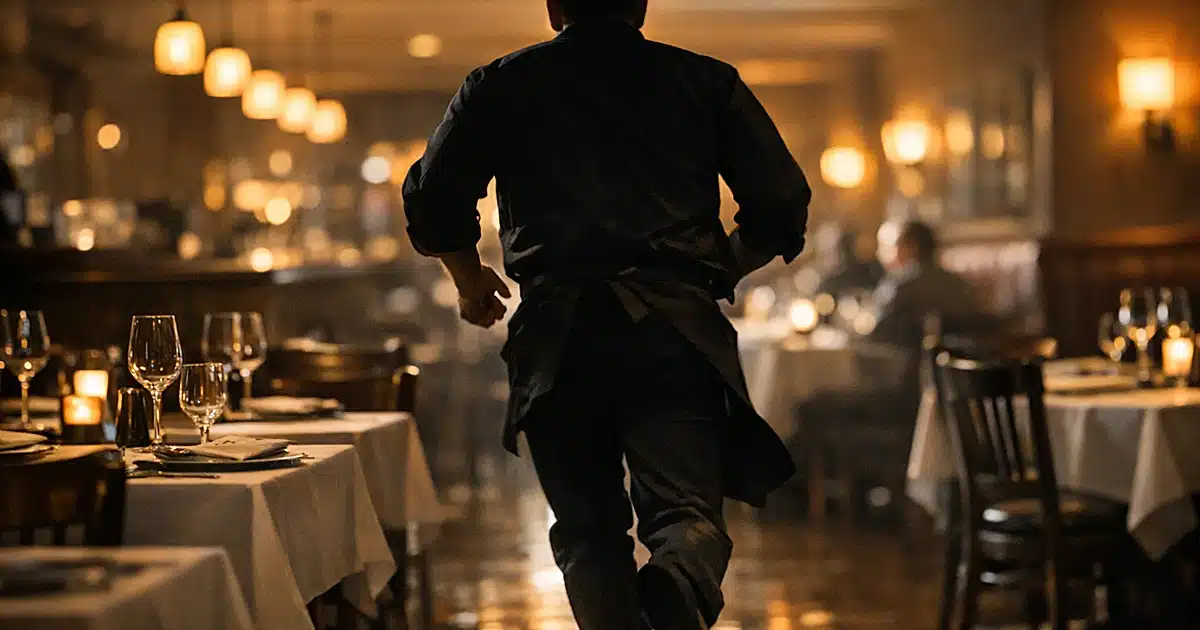 Silhouette of restaurant waiter rushing through dining room with tables and ambient lighting