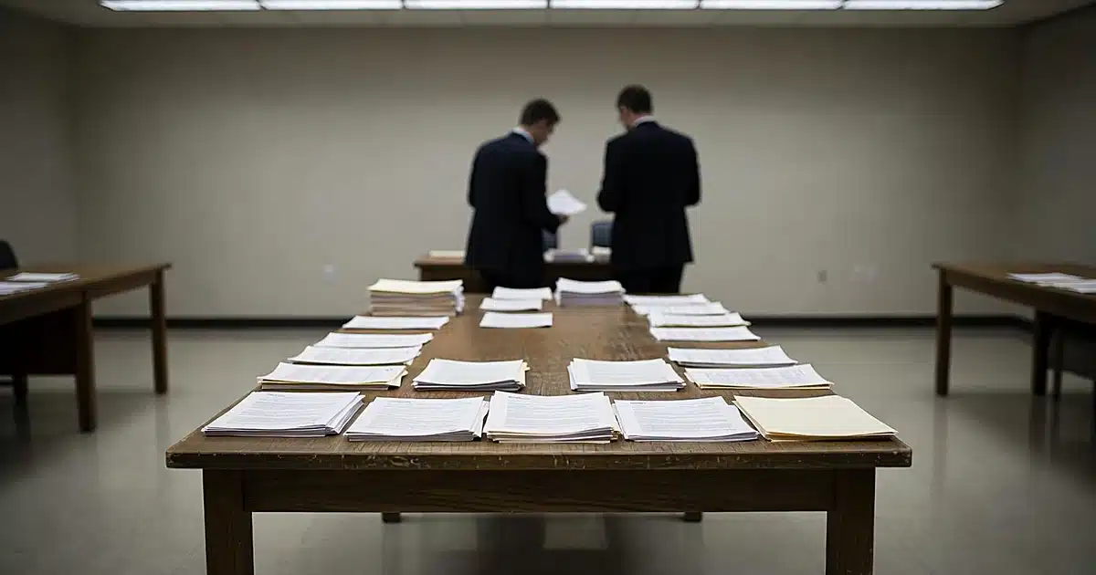 Federal examination room with immigration documents on table and silhouetted investigators reviewing materials