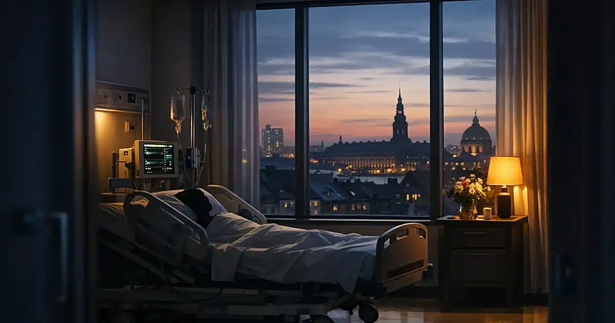 Hospital room with bed silhouette, medical equipment, and Copenhagen cityscape visible through windows at dusk