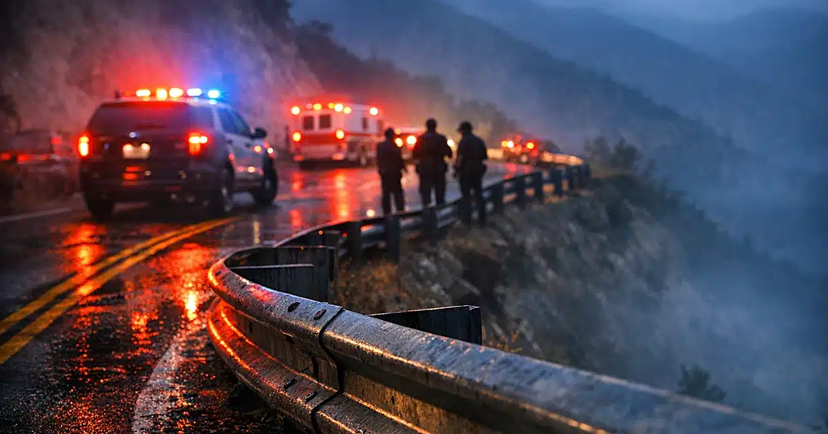 Mountain highway curve with guardrail and emergency lights at night showing steep embankment