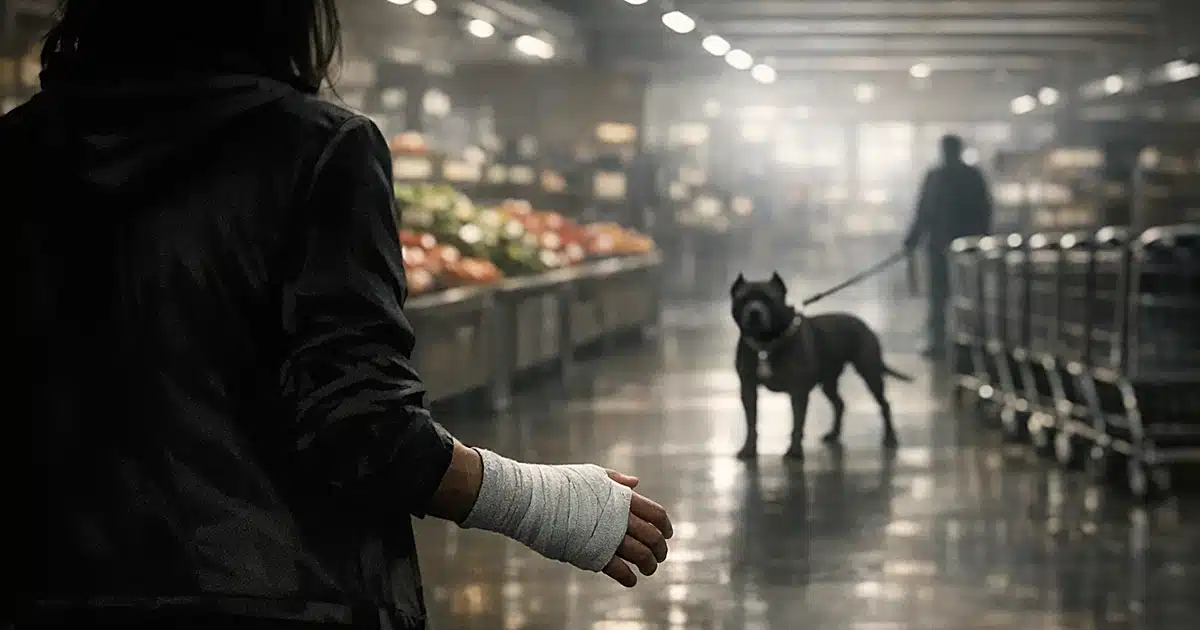 Silhouetted person with bandaged hand in grocery store aisle with pit bull in distance