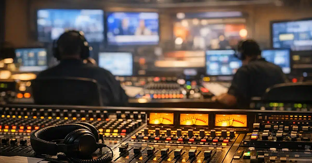 Broadcast studio control room with audio mixing console and silhouetted technicians working at monitors
