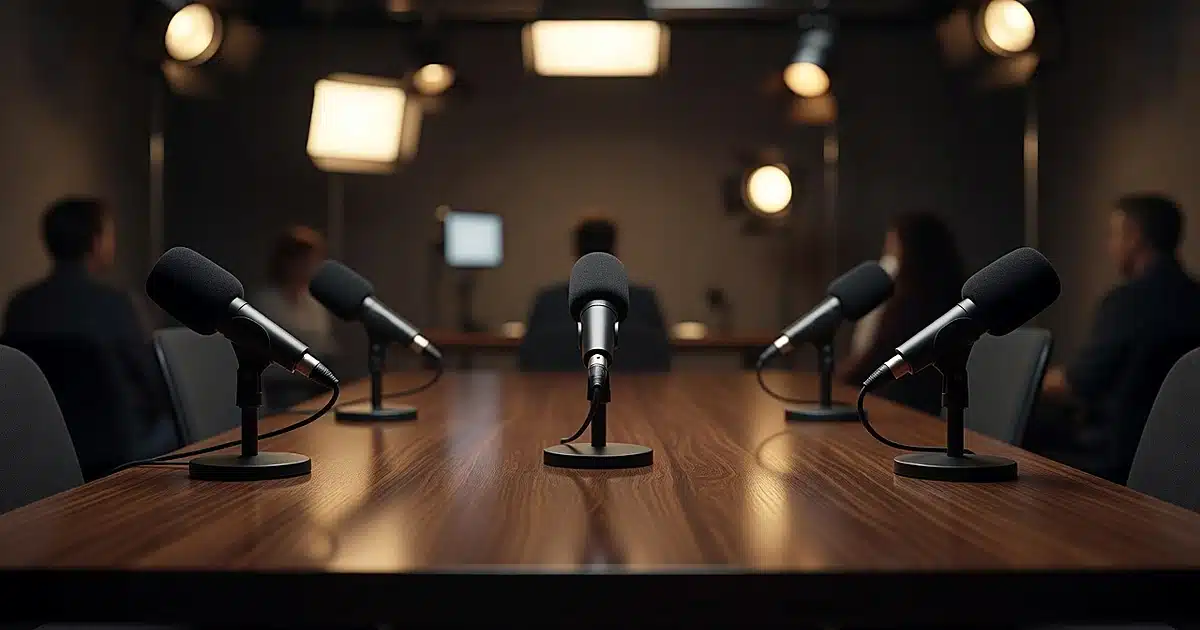Multiple podcast microphones arranged on studio table with broadcast lighting in background