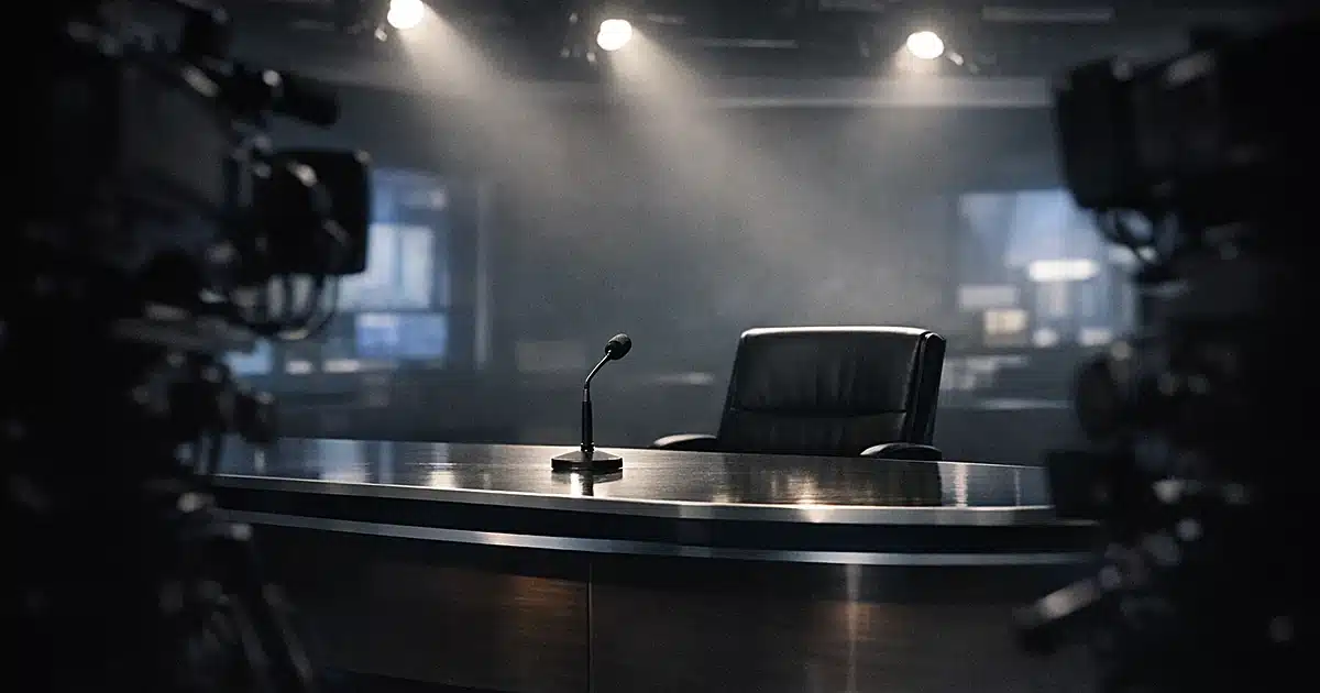 Empty television news anchor desk under spotlights with vacant chair in darkened studio