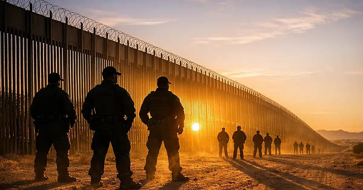 Border enforcement officers in silhouette standing along security fence at sunset with dramatic shadows