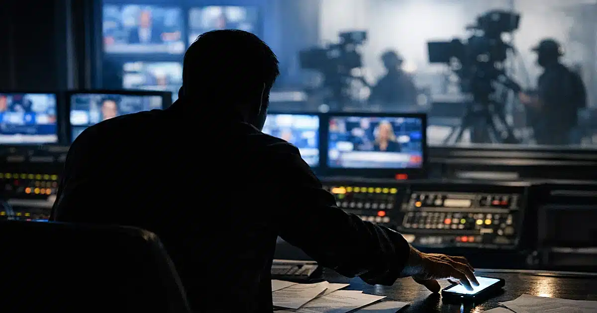 Silhouetted figure reaching for illuminated phone on broadcast studio control room desk with glowing monitors