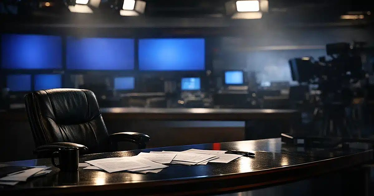 Empty broadcast studio anchor desk with pushed-back chair and glowing monitors in darkened control room