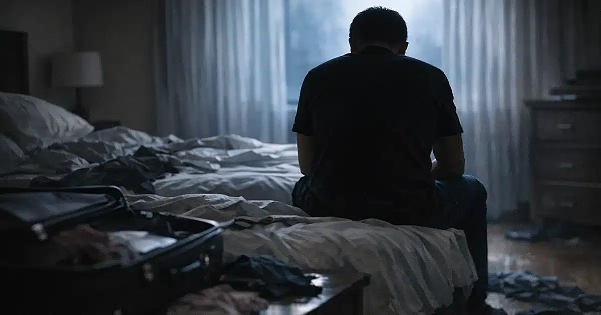Silhouetted figure sits alone on bed edge in dimly lit bedroom at dawn, suggesting personal struggle and reflection