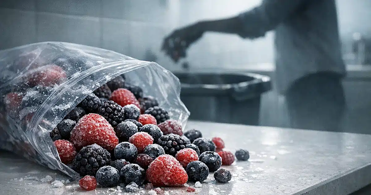 Frozen mixed berries spilling from plastic bag on counter with silhouetted hand discarding them in background