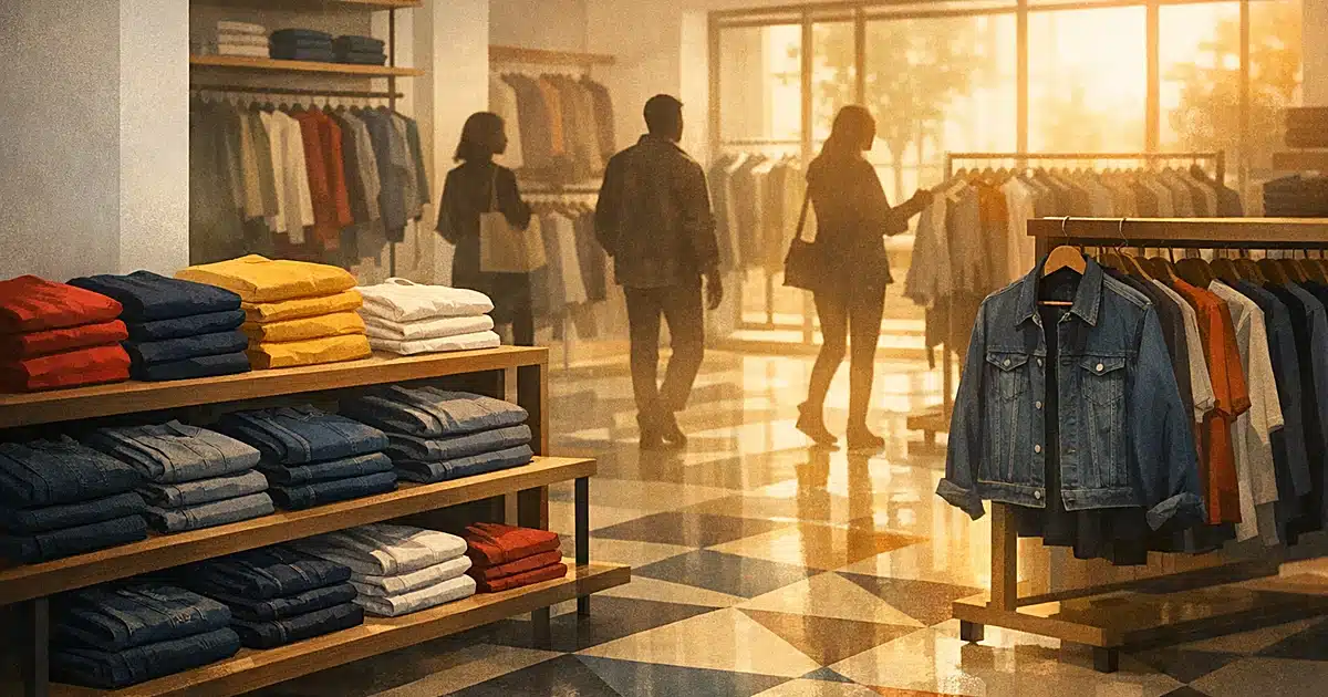 Bright retail interior with clothing displays and silhouetted shoppers browsing, suggesting renewed store activity