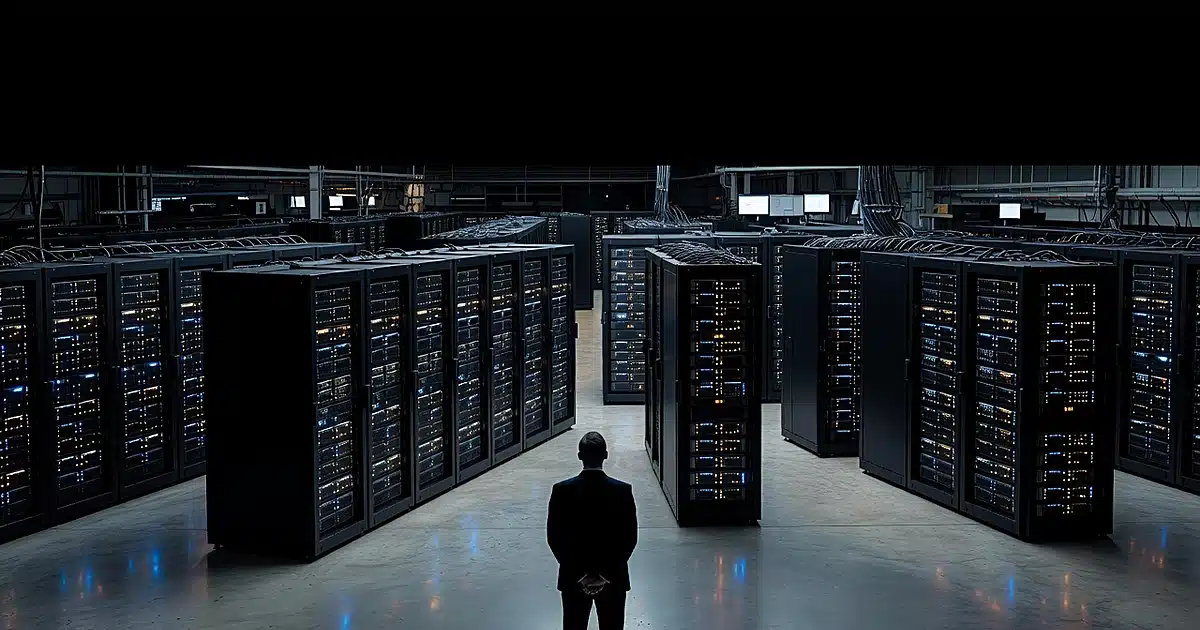 Silhouetted figure standing in massive data center with rows of illuminated server racks extending into distance