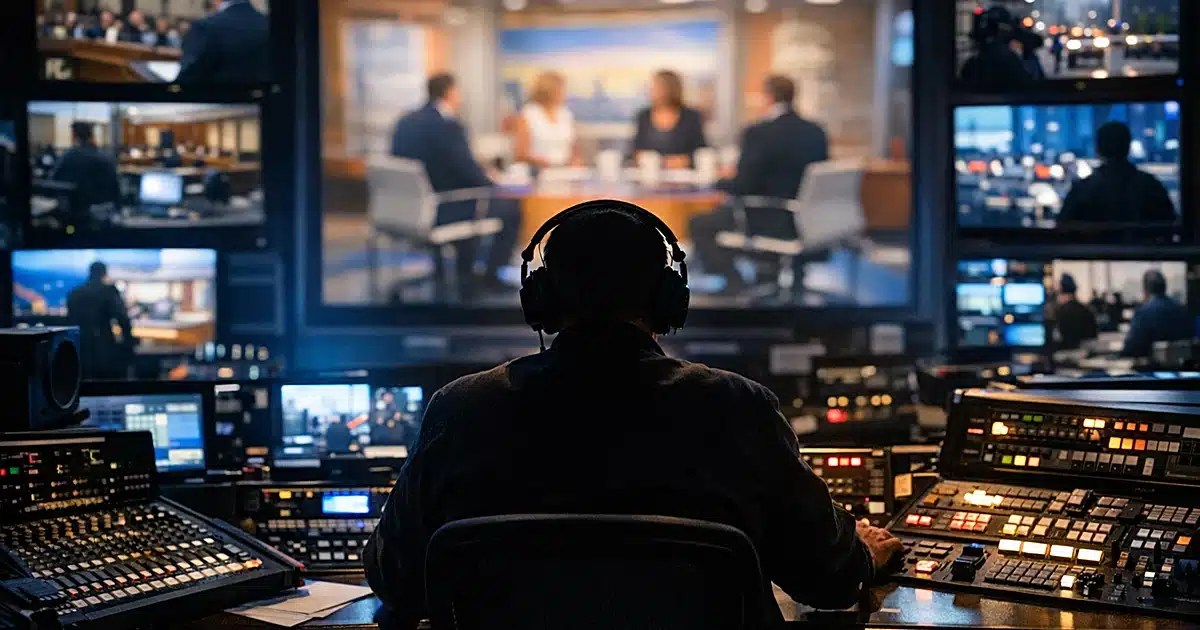 Silhouette of broadcast producer at control room console facing wall of glowing television monitors