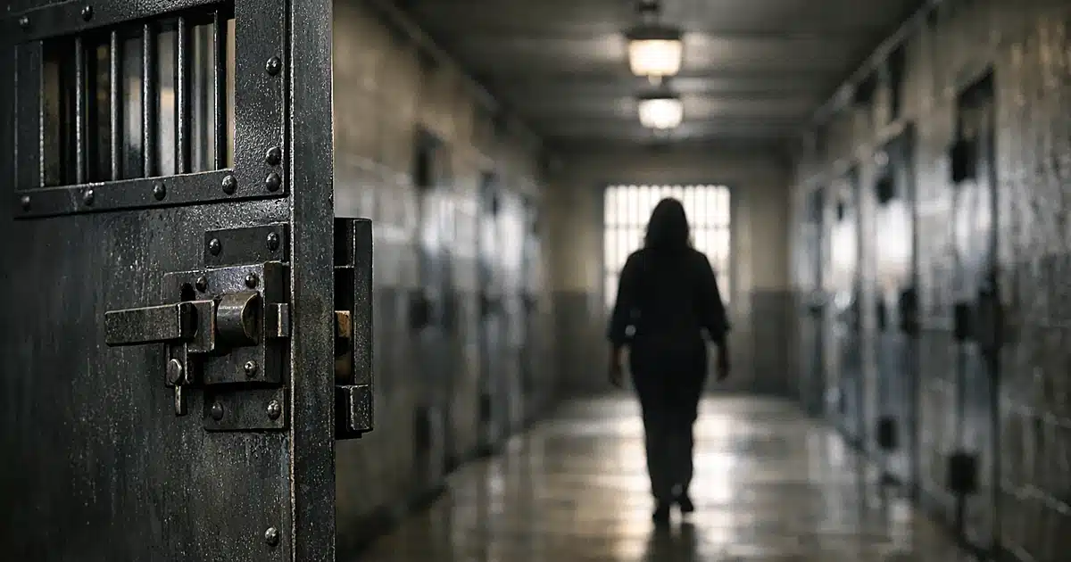 Open prison cell door with silhouetted figure walking toward distant light in correctional facility corridor