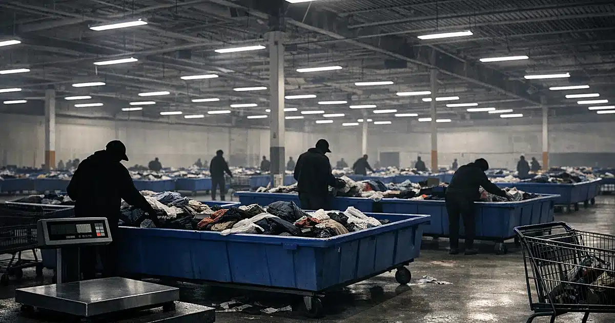 Empty retail space with people sorting through large bins of secondhand items on concrete floor