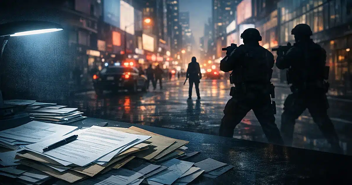 Silhouetted police confrontation in urban street with investigation documents in foreground under fluorescent light