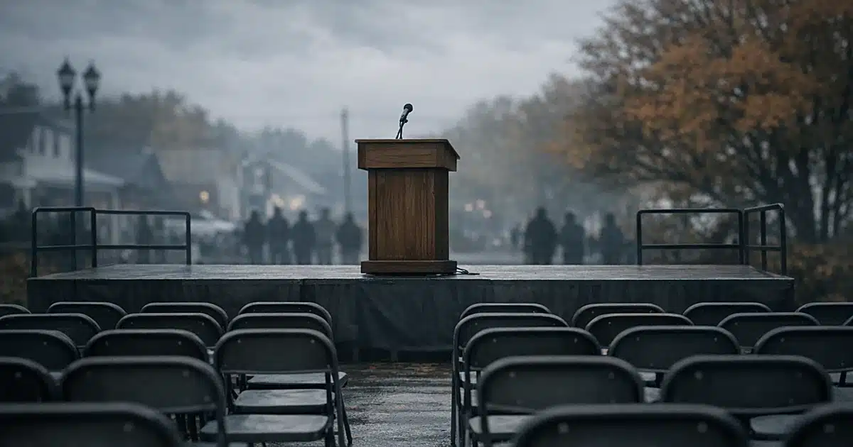 Empty podium on outdoor stage with vacant chairs in foreground, suggesting a cancelled speaking event