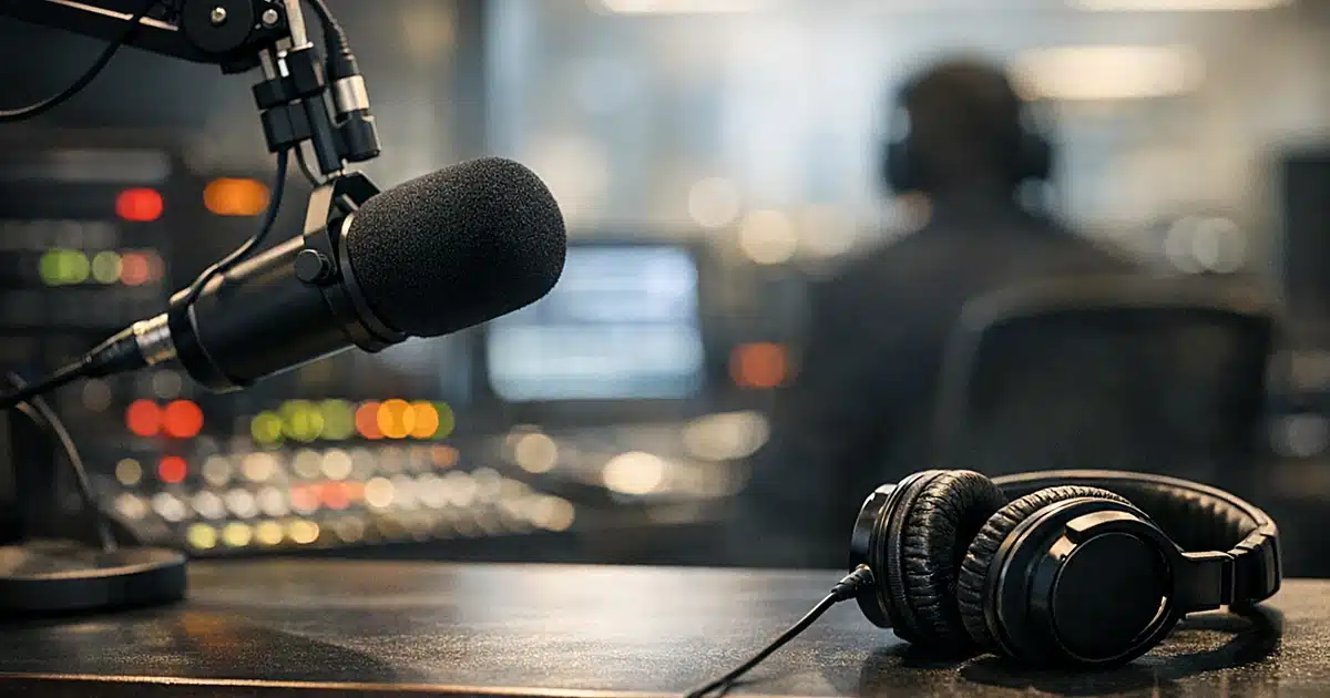 Empty broadcast studio desk with headphones and microphone in professional radio station setting