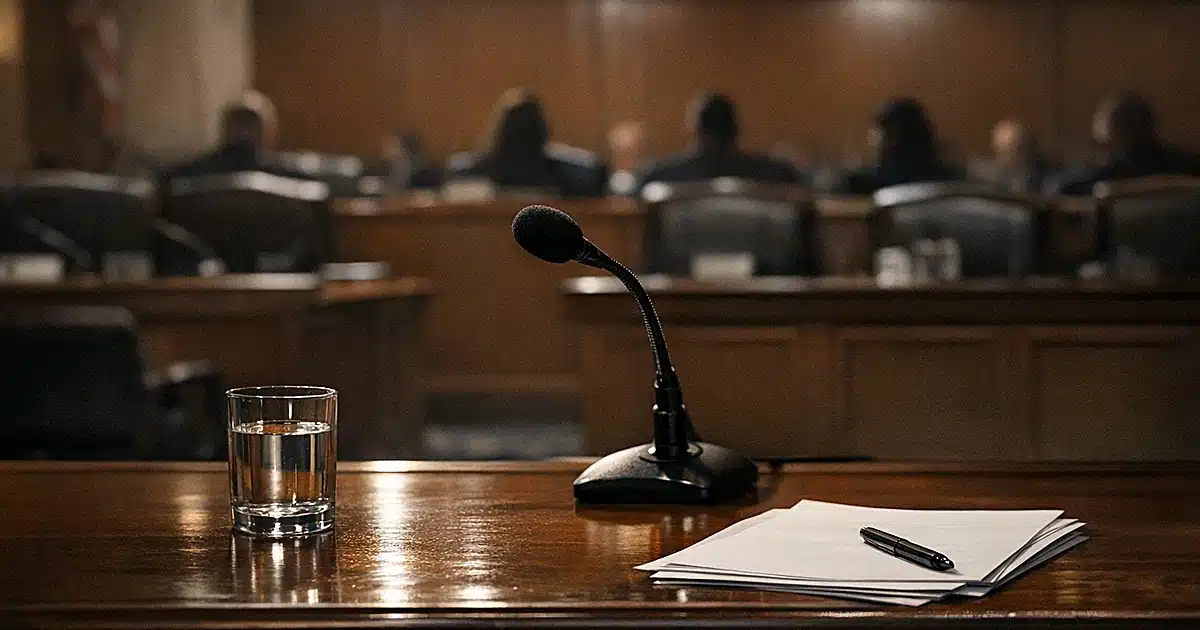 Congressional hearing room with microphone at witness table and empty chairs in dramatic lighting