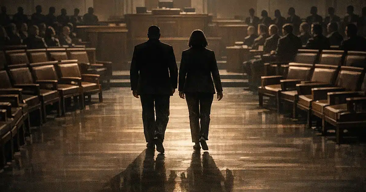 Two silhouetted figures crossing a legislative chamber floor while other silhouettes watch from both sides