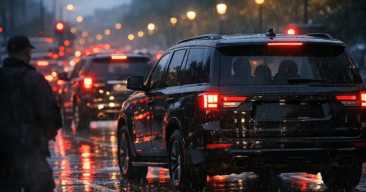Luxury SUV in heavy traffic on wet road at dusk with glowing brake lights ahead