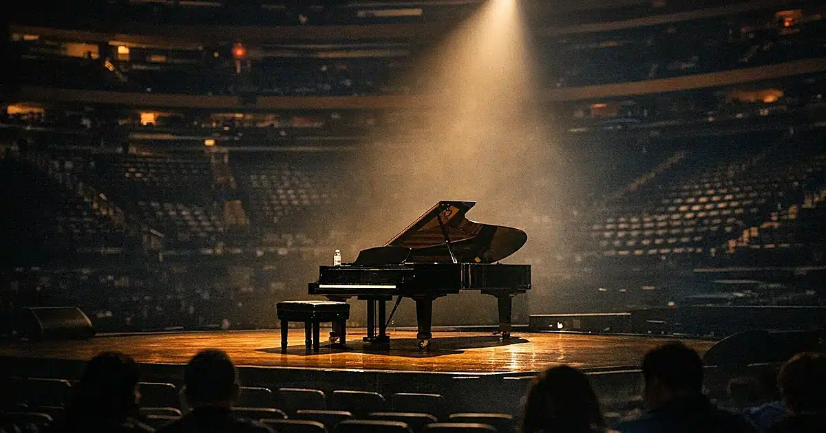Grand piano on empty concert stage under spotlight with darkened arena seating in background