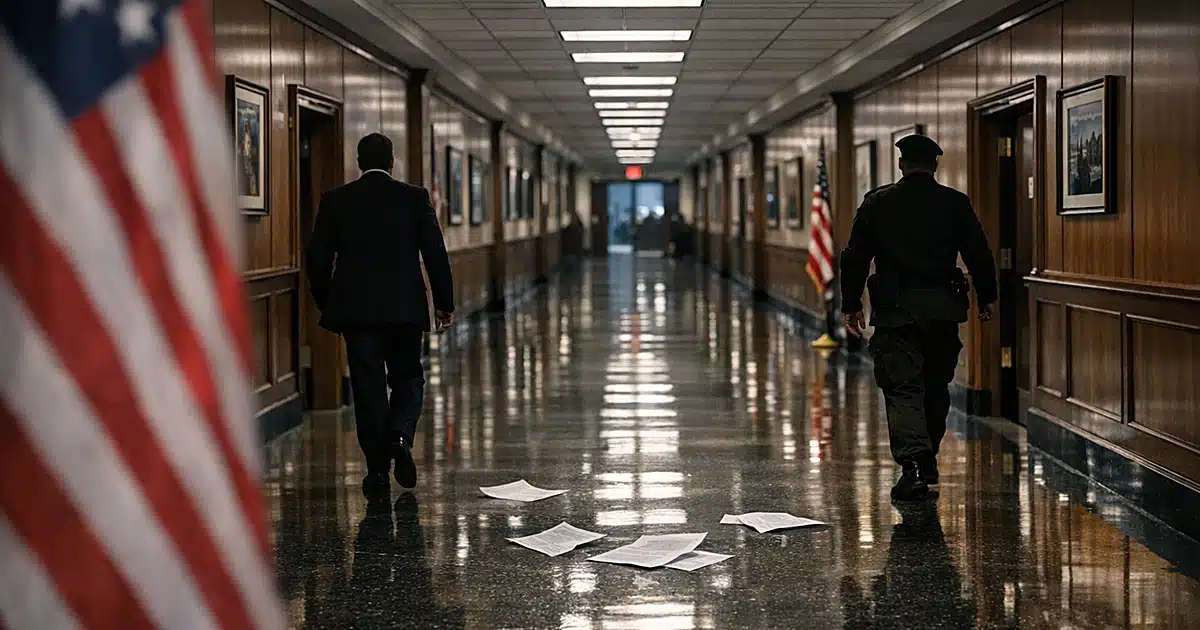 Pentagon corridor with silhouetted figures walking in opposite directions, scattered papers on table